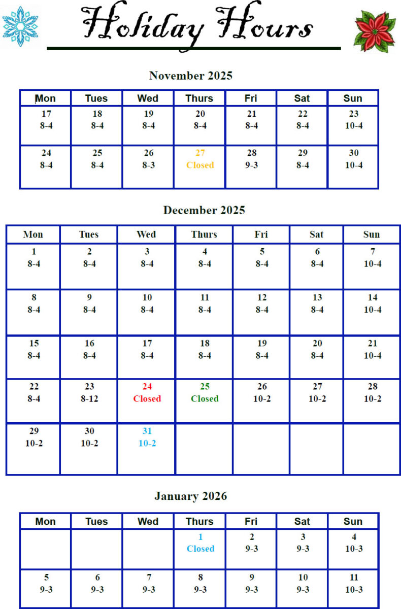 Holiday Hours Calendar 2025